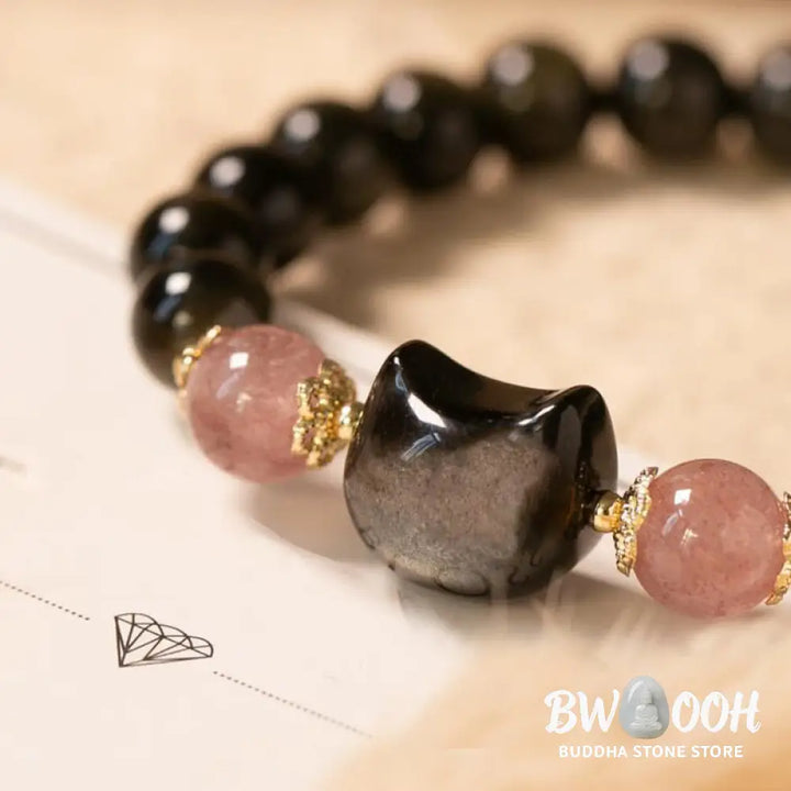 Buddha Stones Black Obsidian Strawberry Quartz Beads Silver Sheen Obsidian Cat Head Strength Bracelet - BWOOOH - Black