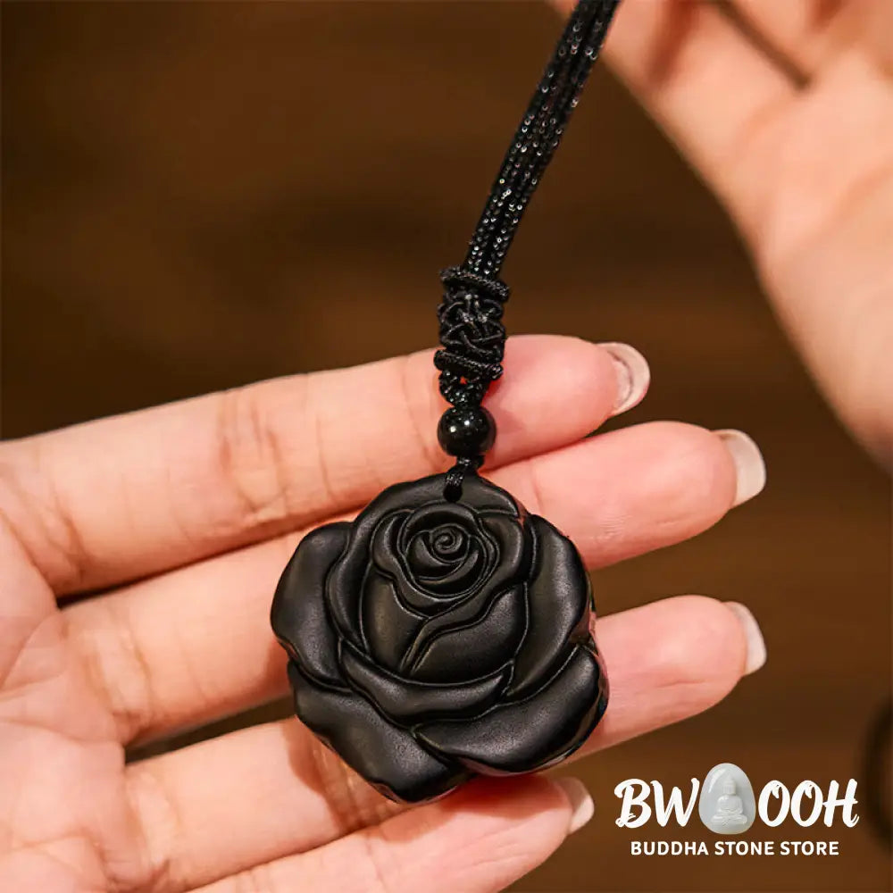 Buddha Stones Black Obsidian String Black Rose Purification Necklace Pendant - BWOOOH - Black Obsidian Black Rose
