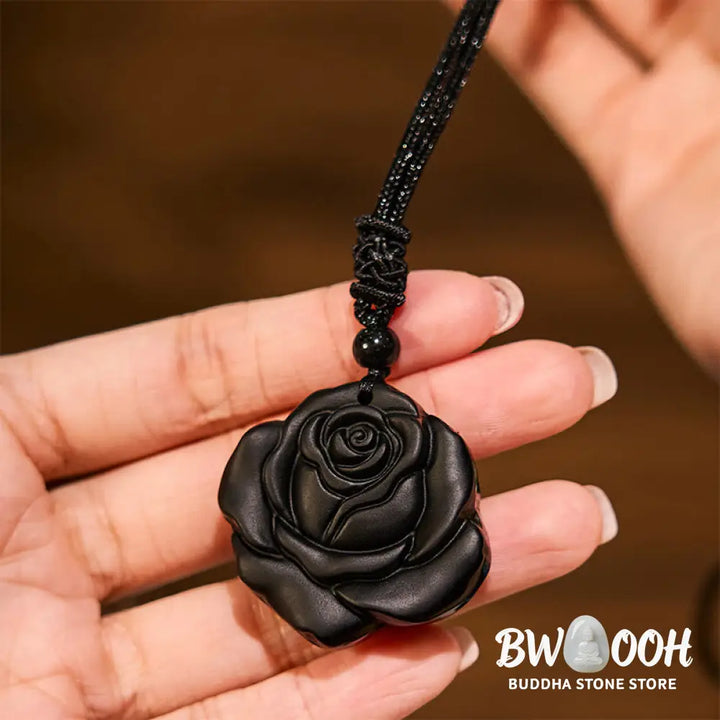 Buddha Stones Black Obsidian String Black Rose Purification Necklace Pendant - BWOOOH - Black Obsidian Black Rose