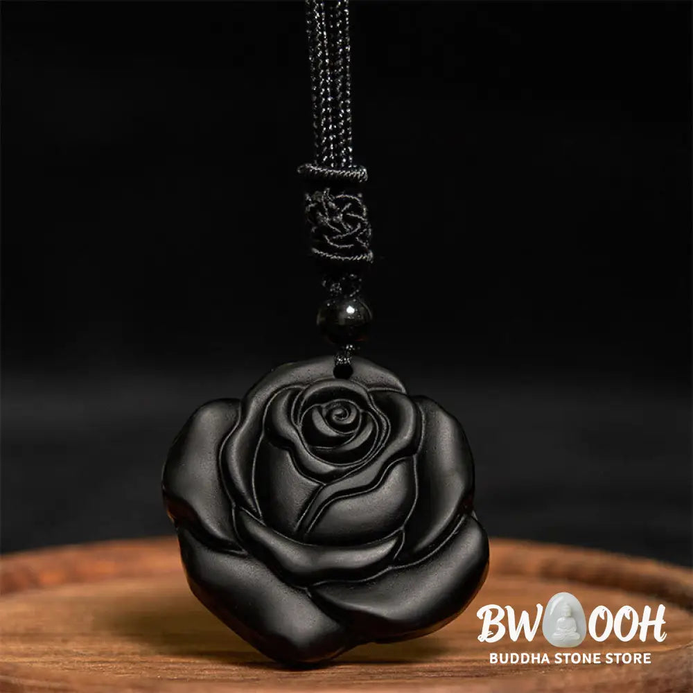 Buddha Stones Black Obsidian String Black Rose Purification Necklace Pendant - BWOOOH - Black Obsidian Black Rose
