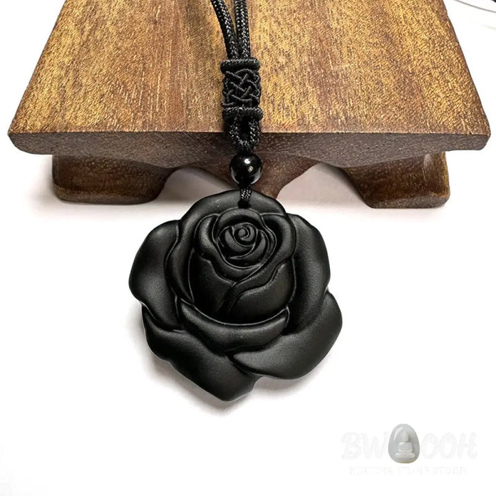 Buddha Stones Black Obsidian String Black Rose Purification Necklace Pendant - BWOOOH - Black Obsidian Black Rose