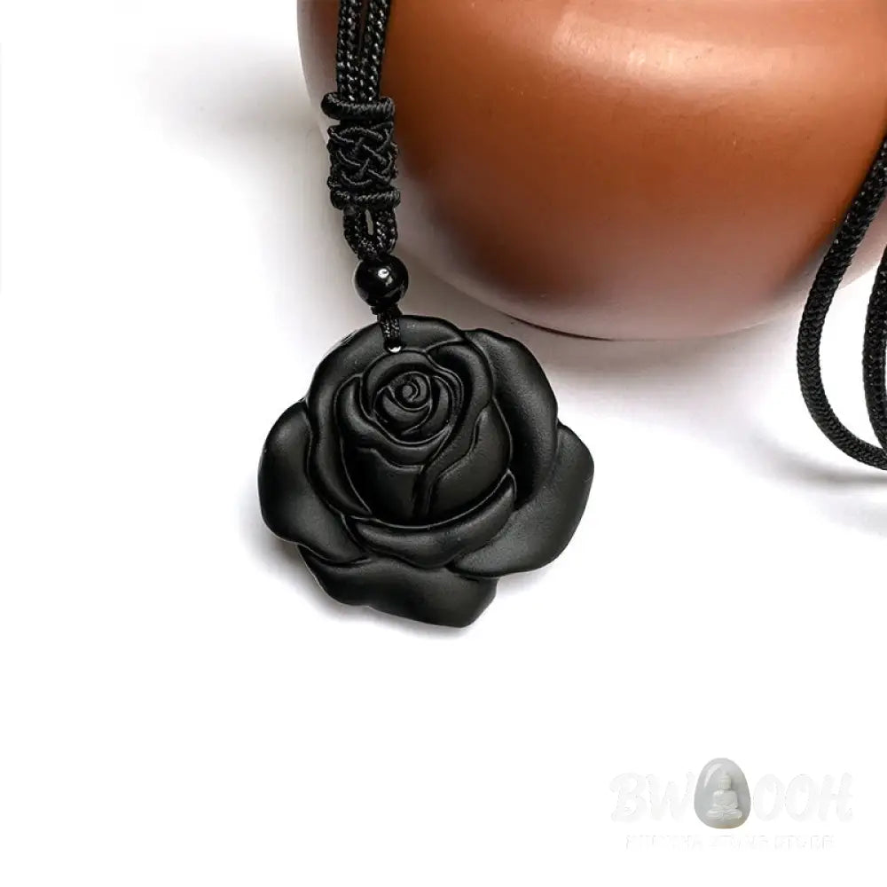 Buddha Stones Black Obsidian String Black Rose Purification Necklace Pendant - BWOOOH - Black Obsidian Black Rose