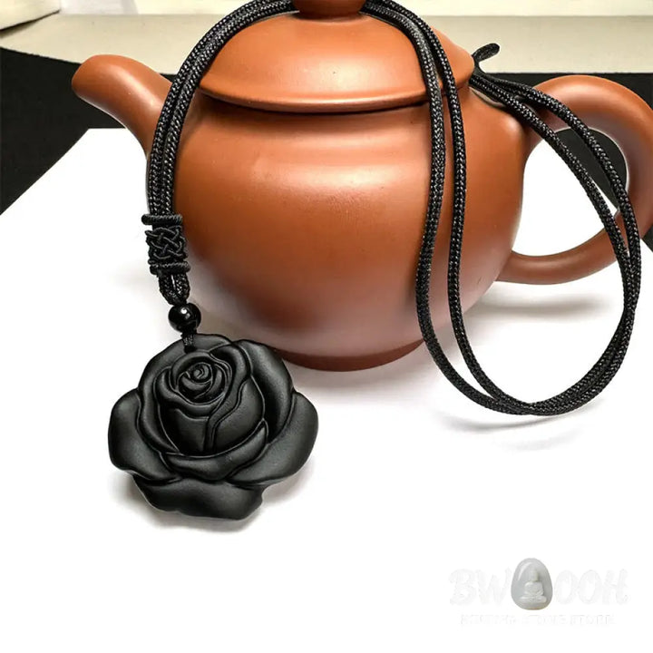 Buddha Stones Black Obsidian String Black Rose Purification Necklace Pendant - BWOOOH - Black Obsidian Black Rose