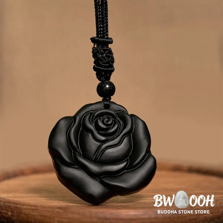 Buddha Stones Black Obsidian String Black Rose Purification Necklace Pendant - BWOOOH - Black Obsidian Black Rose