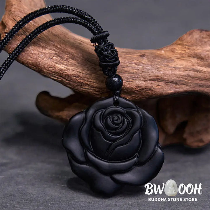 Buddha Stones Black Obsidian String Black Rose Purification Necklace Pendant - BWOOOH - Black Obsidian Black Rose