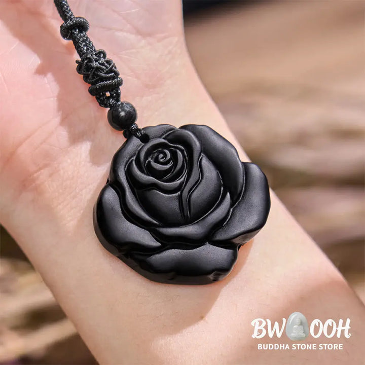 Buddha Stones Black Obsidian String Black Rose Purification Necklace Pendant - BWOOOH - Black Obsidian Black Rose