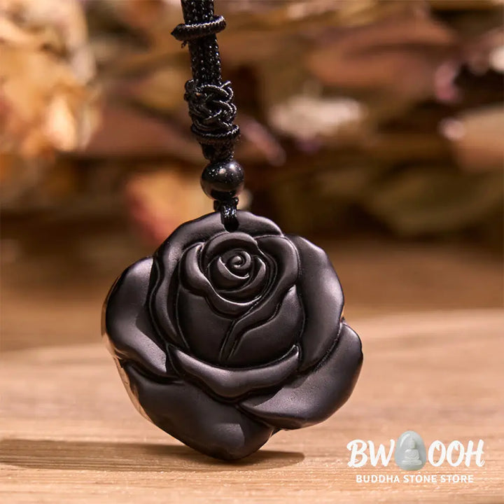 Buddha Stones Black Obsidian String Black Rose Purification Necklace Pendant - BWOOOH - Black Obsidian Black Rose
