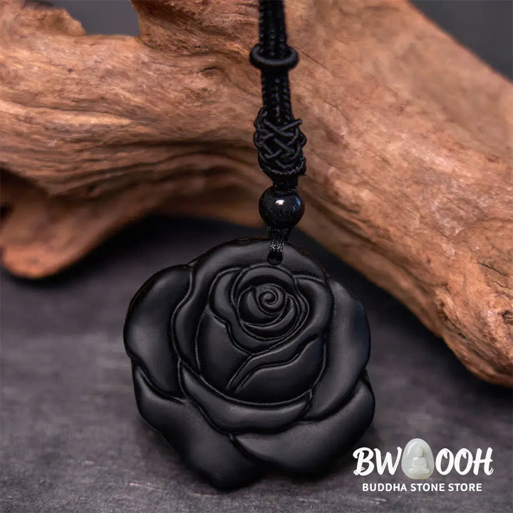 Buddha Stones Black Obsidian String Black Rose Purification Necklace Pendant - BWOOOH - Black Obsidian Black Rose