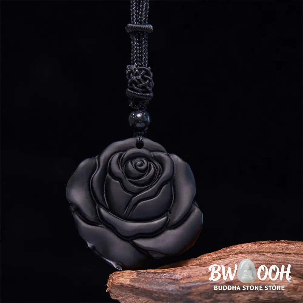 Buddha Stones Black Obsidian String Black Rose Purification Necklace Pendant - BWOOOH - Black Obsidian Black Rose