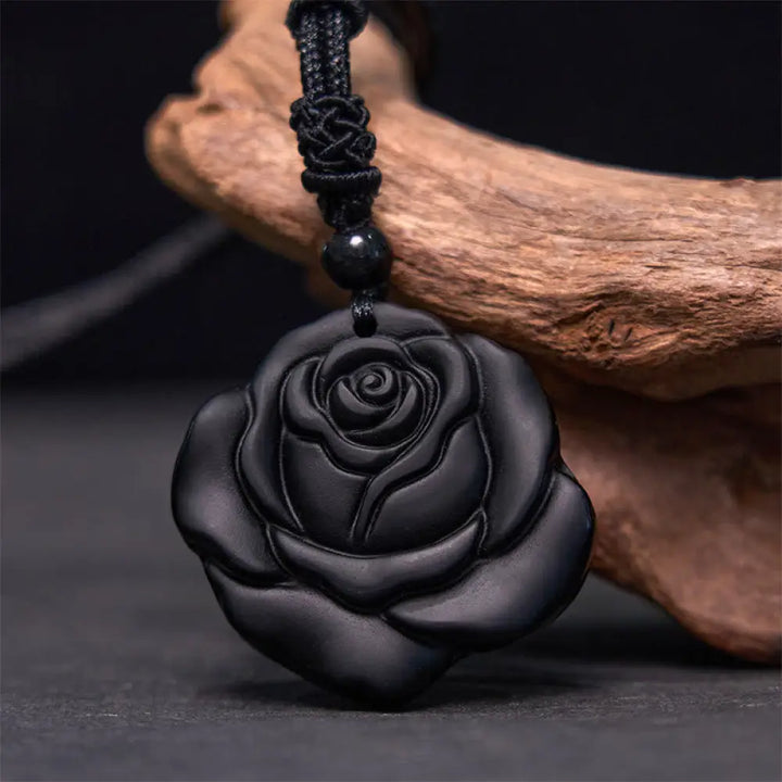 Buddha Stones Black Obsidian String Black Rose Purification Necklace Pendant - BWOOOH - Black Obsidian Black Rose