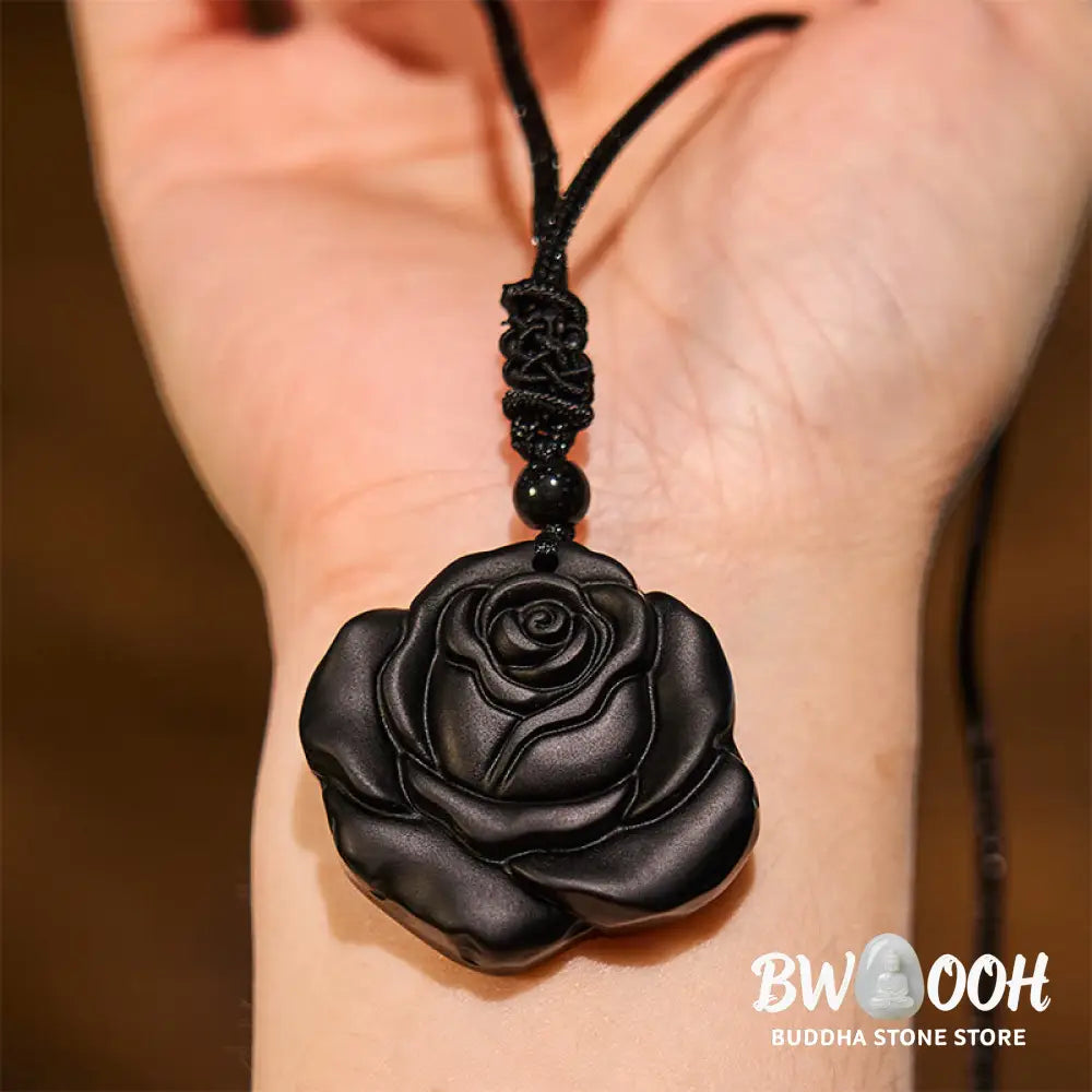 Buddha Stones Black Obsidian String Black Rose Purification Necklace Pendant - BWOOOH - Black Obsidian Black Rose