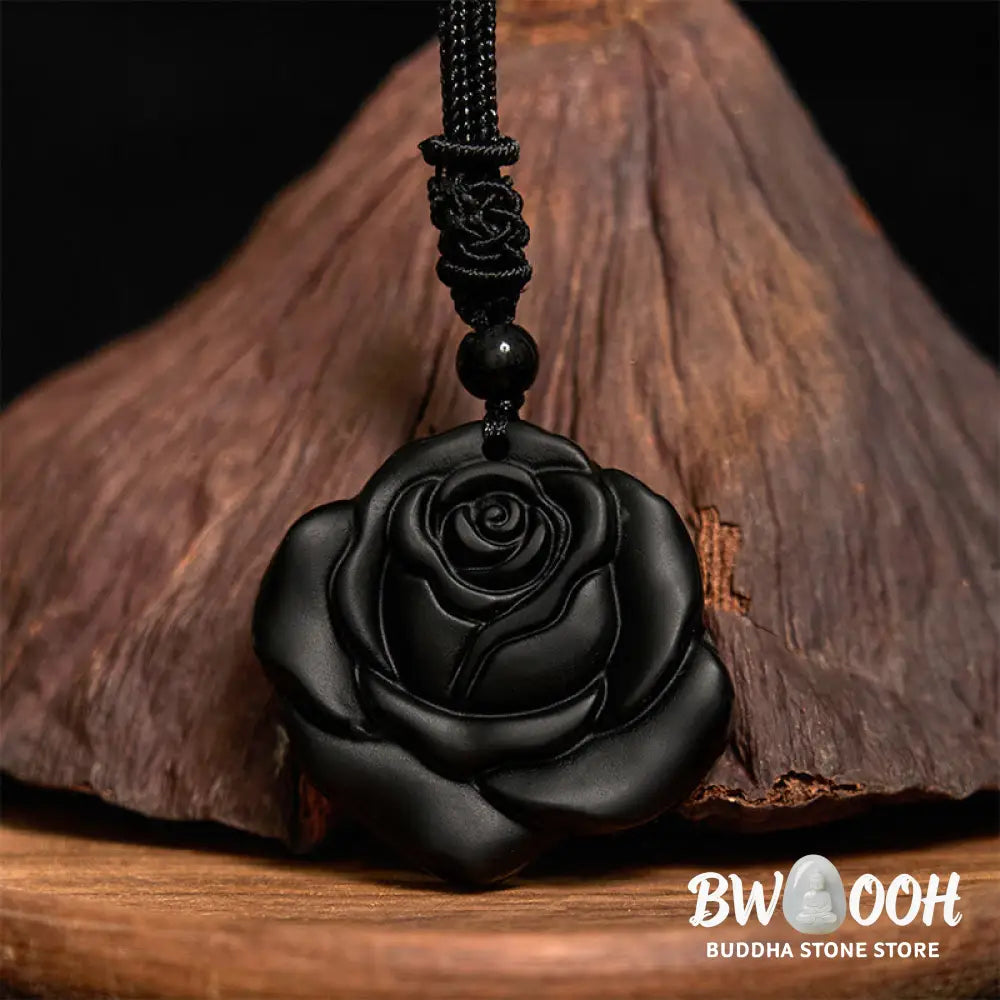 Buddha Stones Black Obsidian String Black Rose Purification Necklace Pendant - BWOOOH - Black Obsidian Black Rose