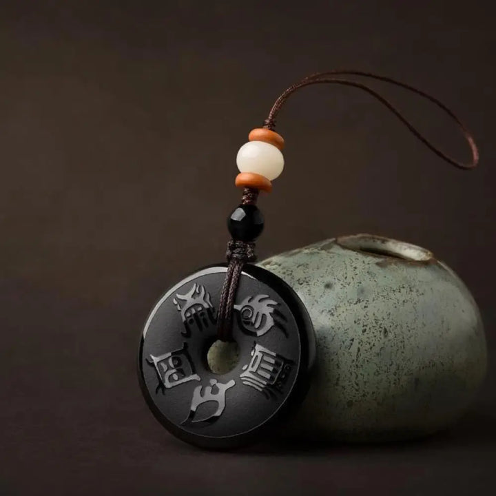 Buddha Stones Black Obsidian Taoism Five Sacred Mountains Carved Strength Peace Buckle Necklace Pendant Key Chain Phone