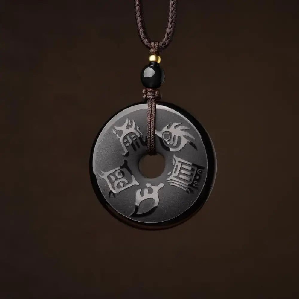 Buddha Stones Black Obsidian Taoism Five Sacred Mountains Carved Strength Peace Buckle Necklace Pendant Key Chain Phone