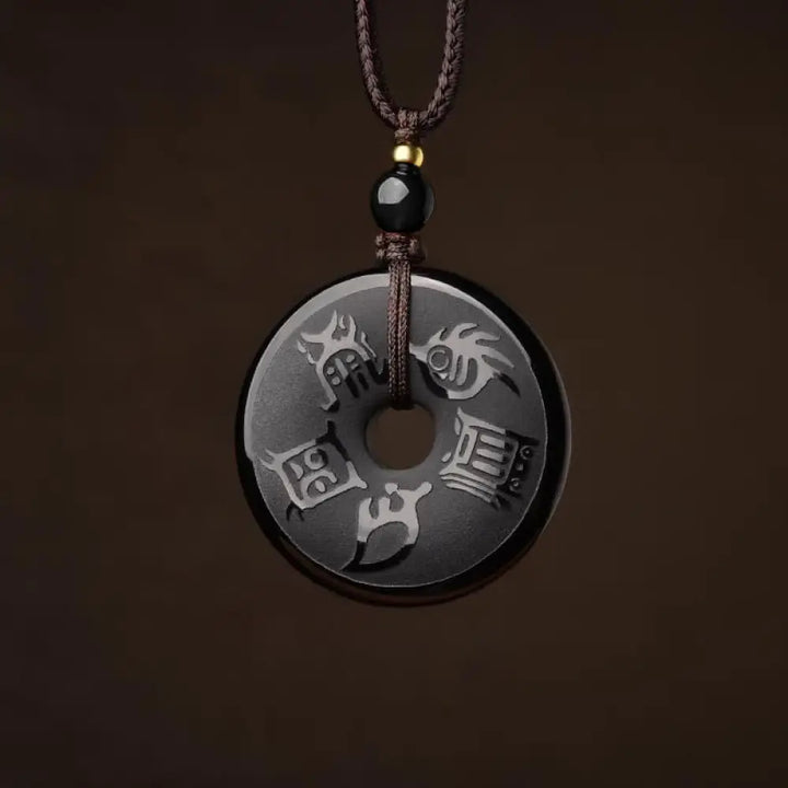 Buddha Stones Black Obsidian Taoism Five Sacred Mountains Carved Strength Peace Buckle Necklace Pendant Key Chain Phone