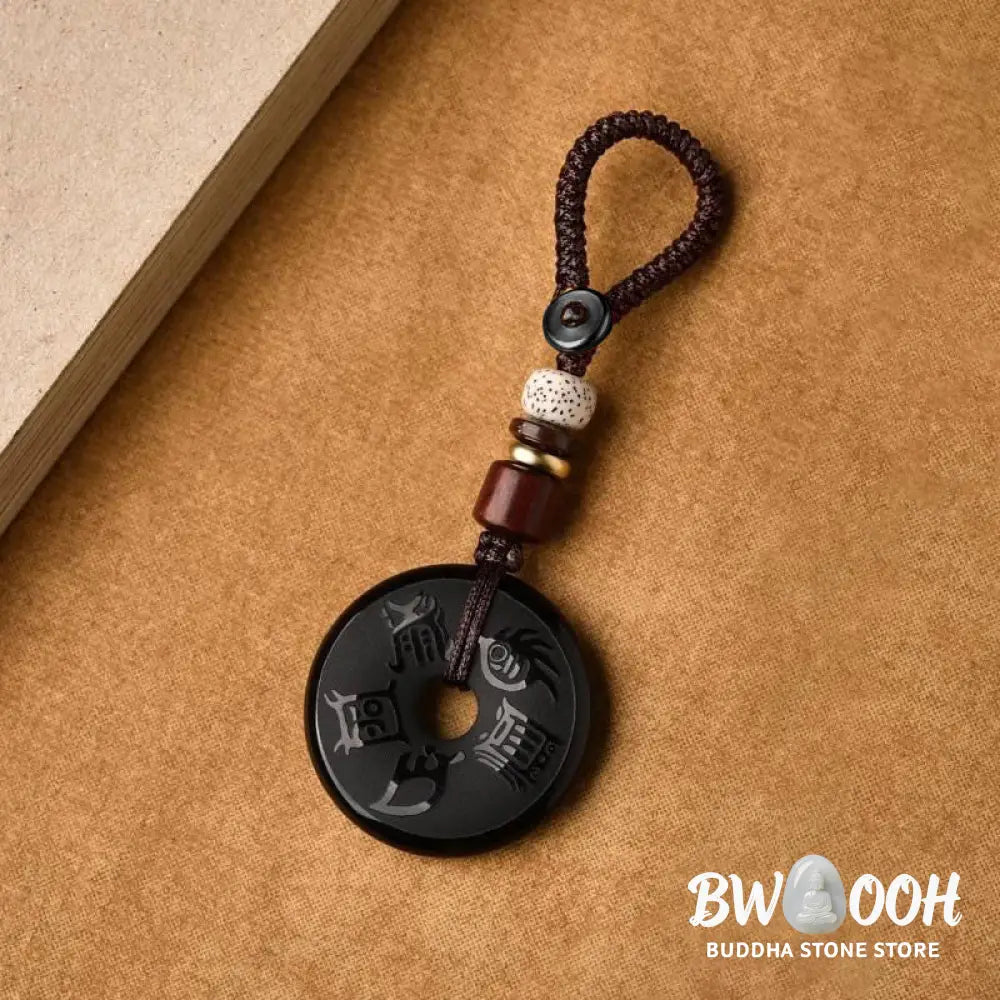 Buddha Stones Black Obsidian Taoism Five Sacred Mountains Carved Strength Peace Buckle Necklace Pendant Key Chain Phone