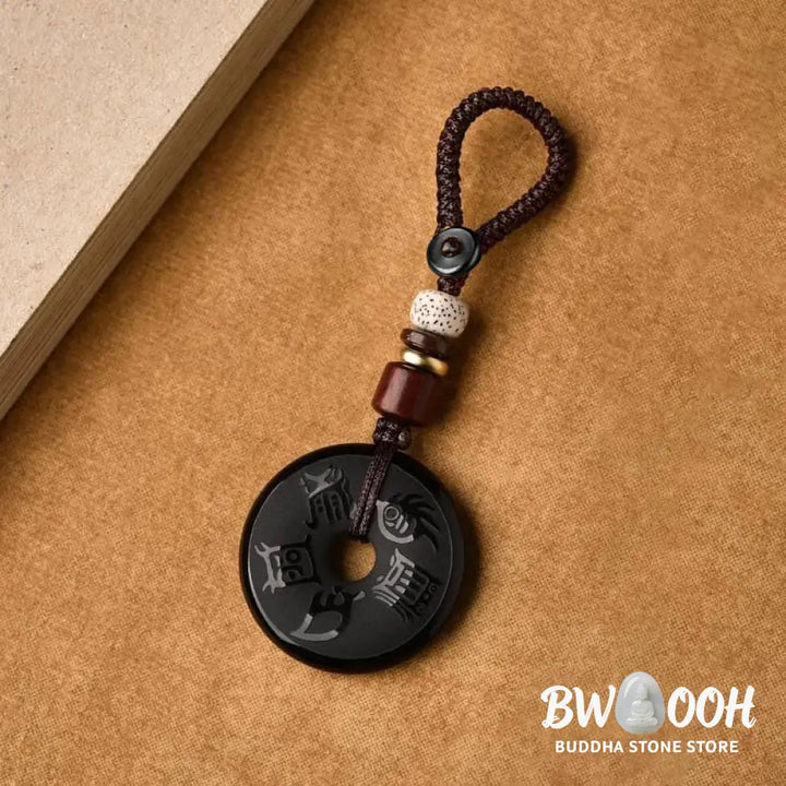 Buddha Stones Black Obsidian Taoism Five Sacred Mountains Carved Strength Peace Buckle Necklace Pendant Key Chain Phone