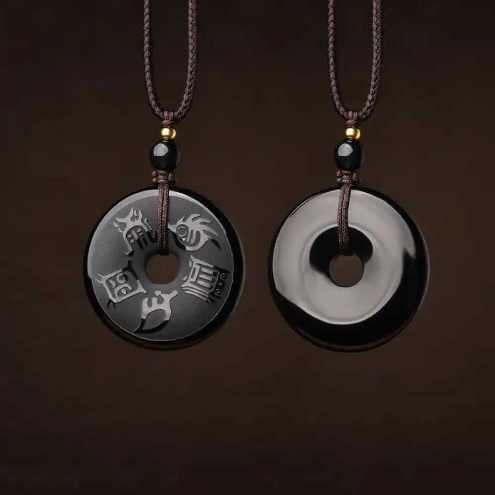 BWOOOH black obsidian Taoism Five Sacred Mountains carved strength peace buckle necklace pendant