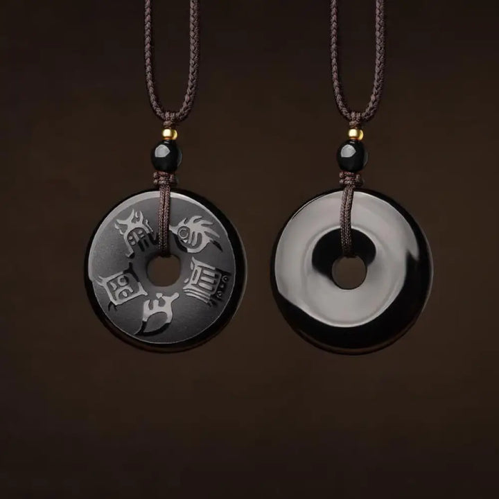 BWOOOH black obsidian Taoism Five Sacred Mountains carved strength peace buckle necklace pendant