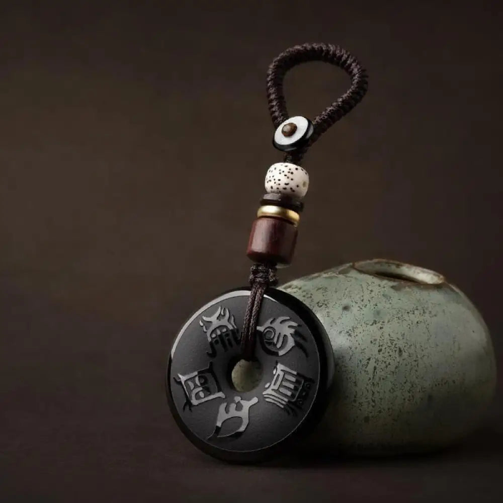 Buddha Stones Black Obsidian Taoism Five Sacred Mountains Carved Strength Peace Buckle Necklace Pendant Key Chain Phone
