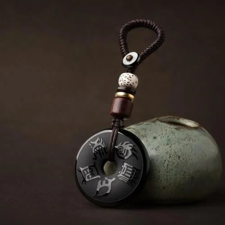 Buddha Stones Black Obsidian Taoism Five Sacred Mountains Carved Strength Peace Buckle Necklace Pendant Key Chain Phone