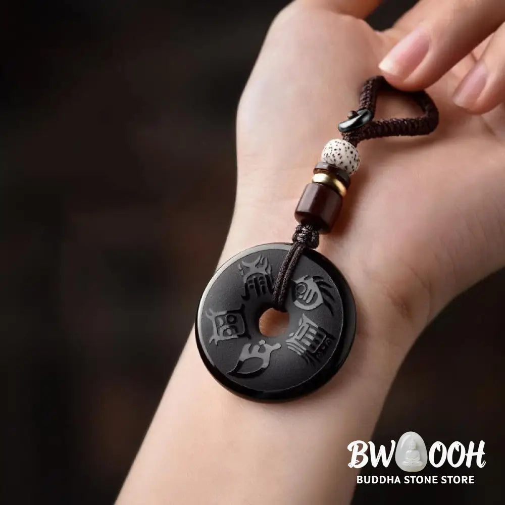 Buddha Stones Black Obsidian Taoism Five Sacred Mountains Carved Strength Peace Buckle Necklace Pendant Key Chain Phone
