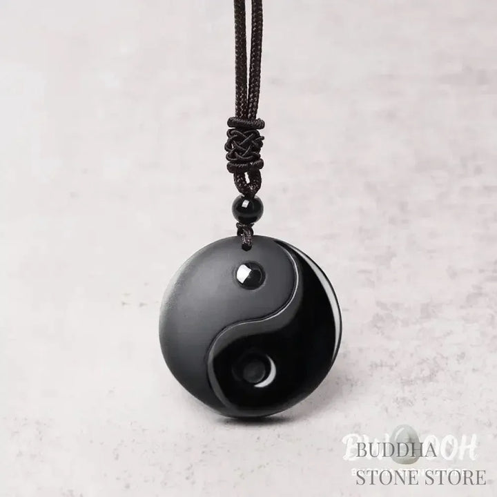 BWOOOH Black Obsidian Taoist Five Sacred Mountains Nine-Character Mantra carved Yin Yang purification necklace pendant, detailed spiritual energy protection jewelry. - View 7