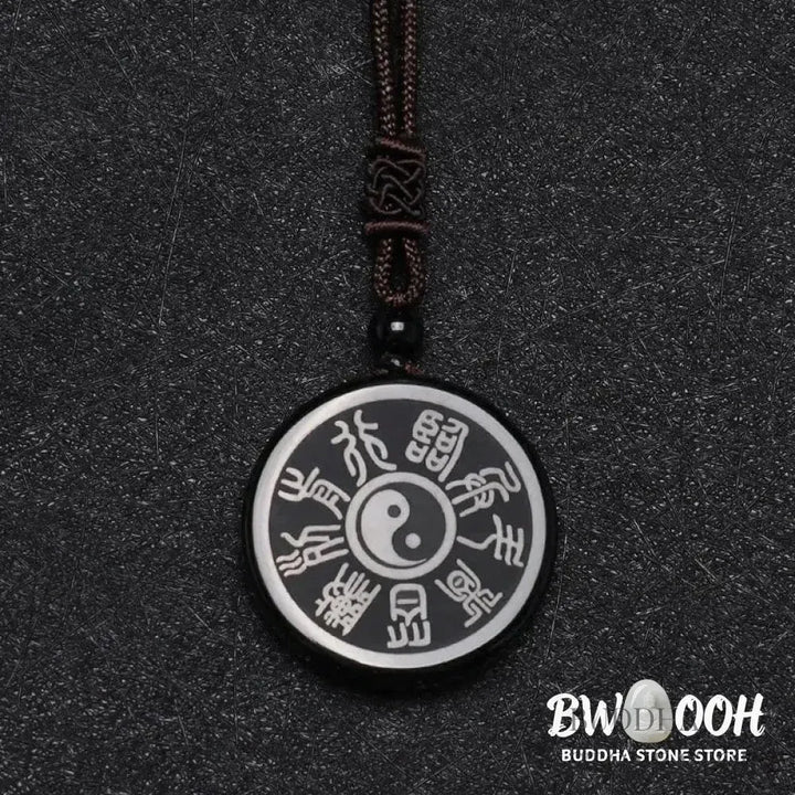 BWOOOH Black Obsidian Taoist Five Sacred Mountains Nine-Character Mantra carved Yin Yang purification necklace pendant, detailed spiritual energy protection jewelry. - View 11
