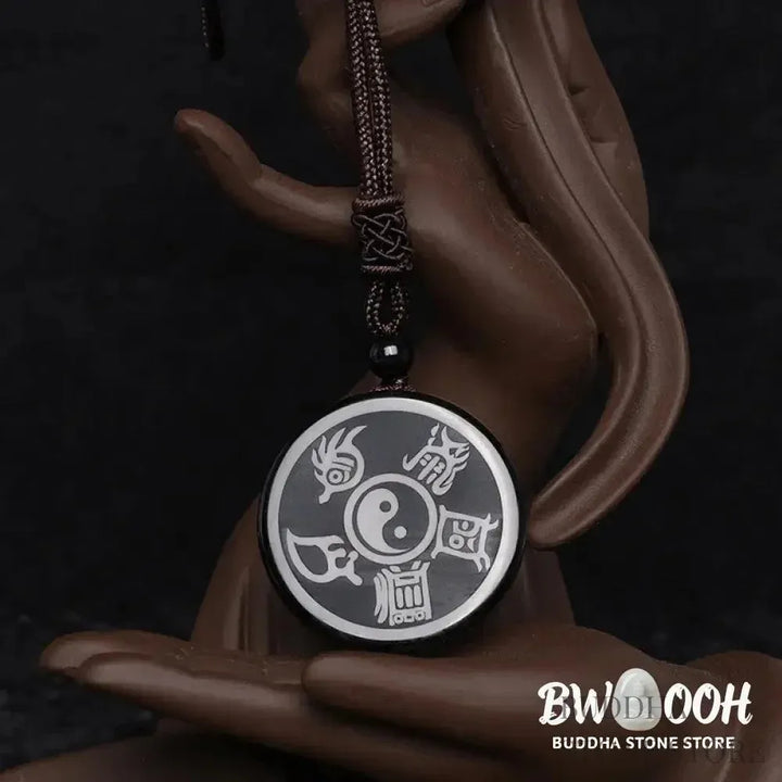 BWOOOH Black Obsidian Taoist Five Sacred Mountains Nine-Character Mantra carved Yin Yang purification necklace pendant, detailed spiritual energy protection jewelry. - View 10