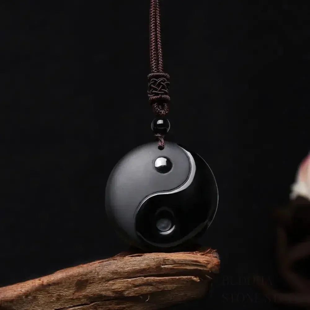 BWOOOH Black Obsidian Taoist Five Sacred Mountains Nine-Character Mantra carved Yin Yang purification necklace pendant, detailed spiritual energy protection jewelry.