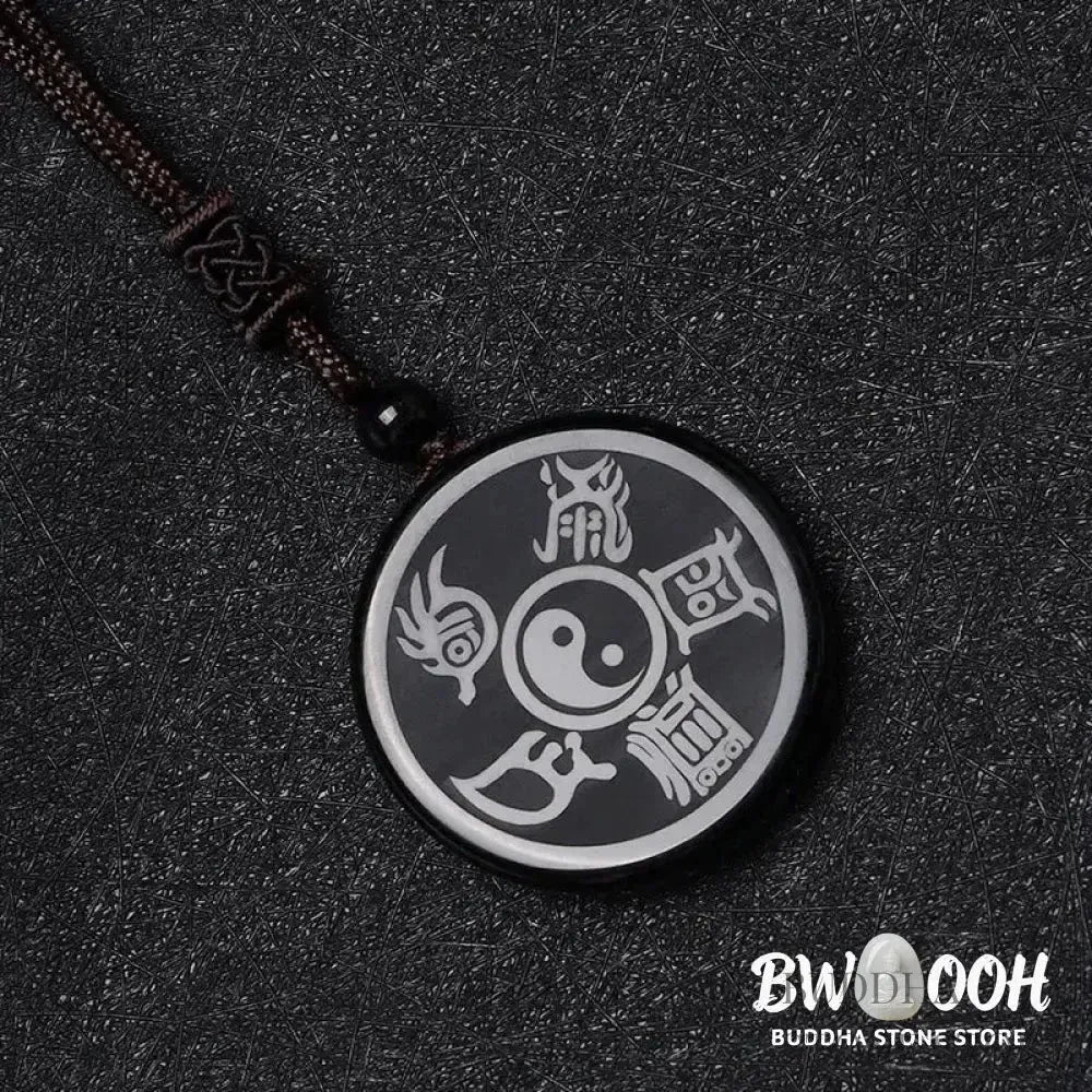 BWOOOH Black Obsidian Taoist Five Sacred Mountains Nine-Character Mantra carved Yin Yang purification necklace pendant, detailed spiritual energy protection jewelry. - View 12