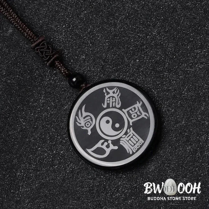 BWOOOH Black Obsidian Taoist Five Sacred Mountains Nine-Character Mantra carved Yin Yang purification necklace pendant, detailed spiritual energy protection jewelry. - View 12