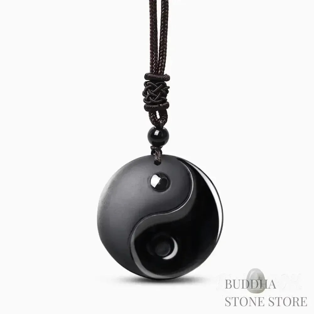 BWOOOH Black Obsidian Taoist Five Sacred Mountains Nine-Character Mantra carved Yin Yang purification necklace pendant, detailed spiritual energy protection jewelry. - View 3