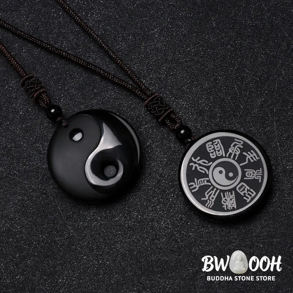 BWOOOH Black Obsidian Taoist Five Sacred Mountains Nine-Character Mantra carved Yin Yang purification necklace pendant, detailed spiritual energy protection jewelry. - View 2