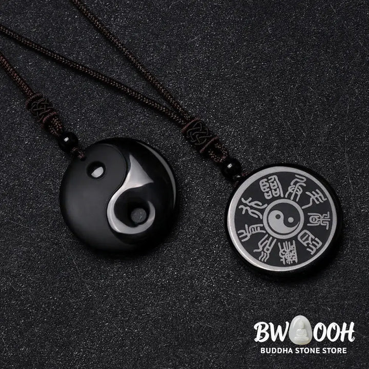 BWOOOH Black Obsidian Taoist Five Sacred Mountains Nine-Character Mantra carved Yin Yang purification necklace pendant, detailed spiritual energy protection jewelry. - View 2