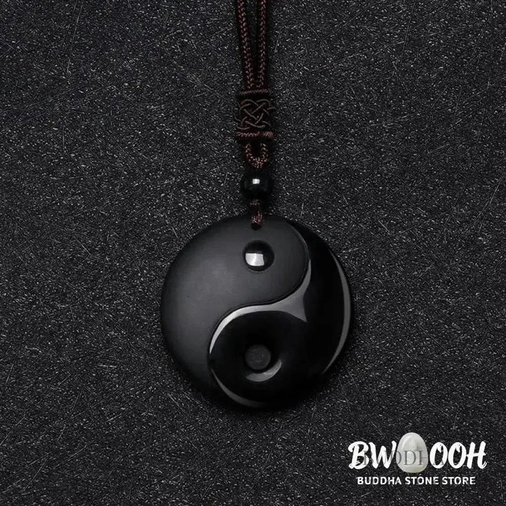 BWOOOH Black Obsidian Taoist Five Sacred Mountains Nine-Character Mantra carved Yin Yang purification necklace pendant, detailed spiritual energy protection jewelry. - View 5