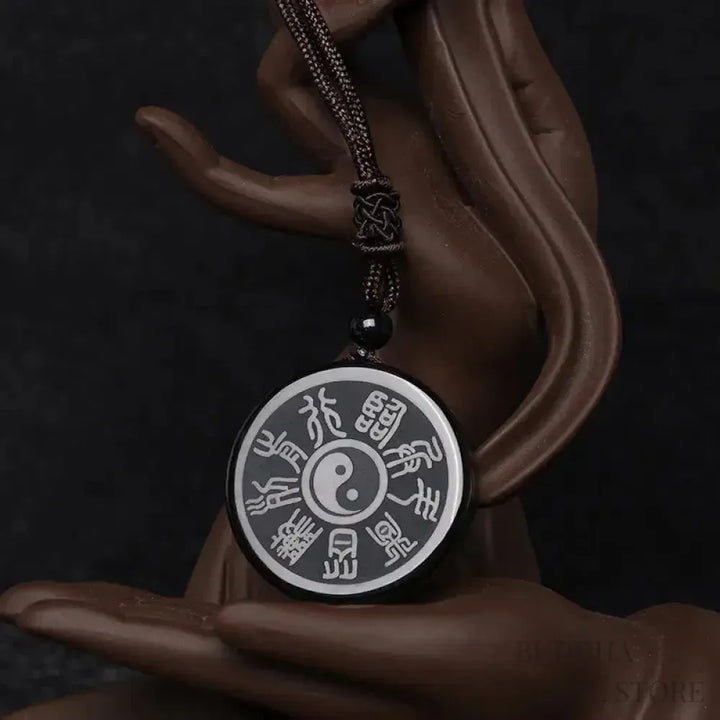 BWOOOH Black Obsidian Taoist Five Sacred Mountains Nine-Character Mantra carved Yin Yang purification necklace pendant, detailed spiritual energy protection jewelry. - View 9