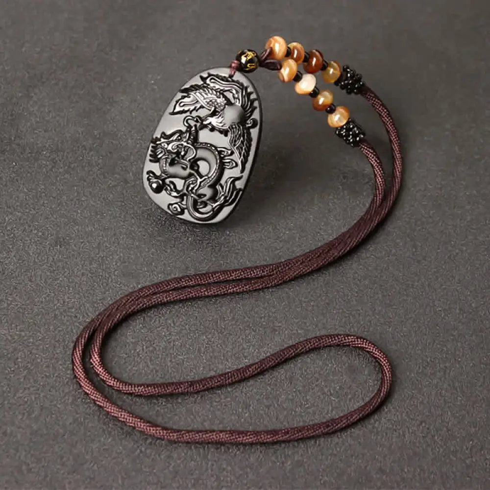 Buddha Stones Black Obsidian Tiger Eye Dragon Phoenix Protection Beaded Necklace Pendant - BWOOOH - Obsidian&amp;Agate Bead