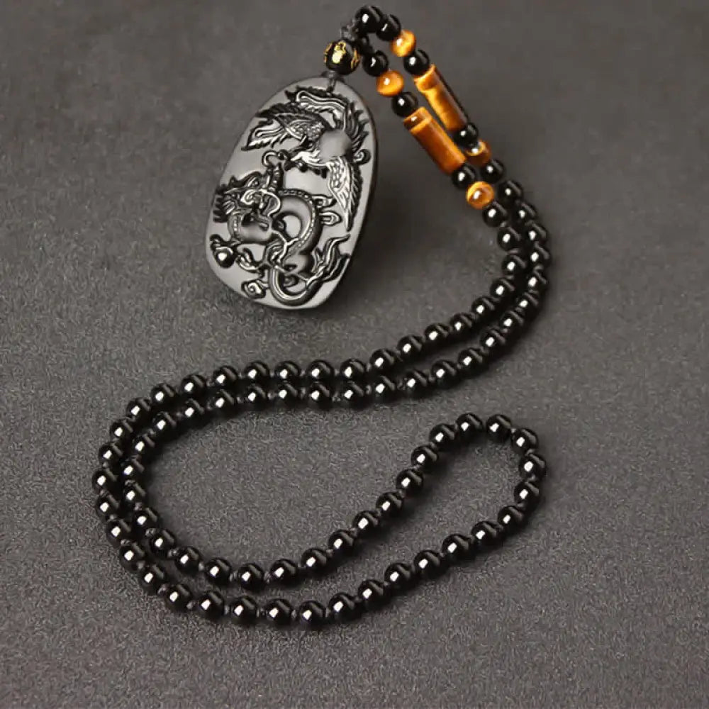 Buddha Stones Black Obsidian Tiger Eye Dragon Phoenix Protection Beaded Necklace Pendant - BWOOOH - Obsidian Tiger Eye