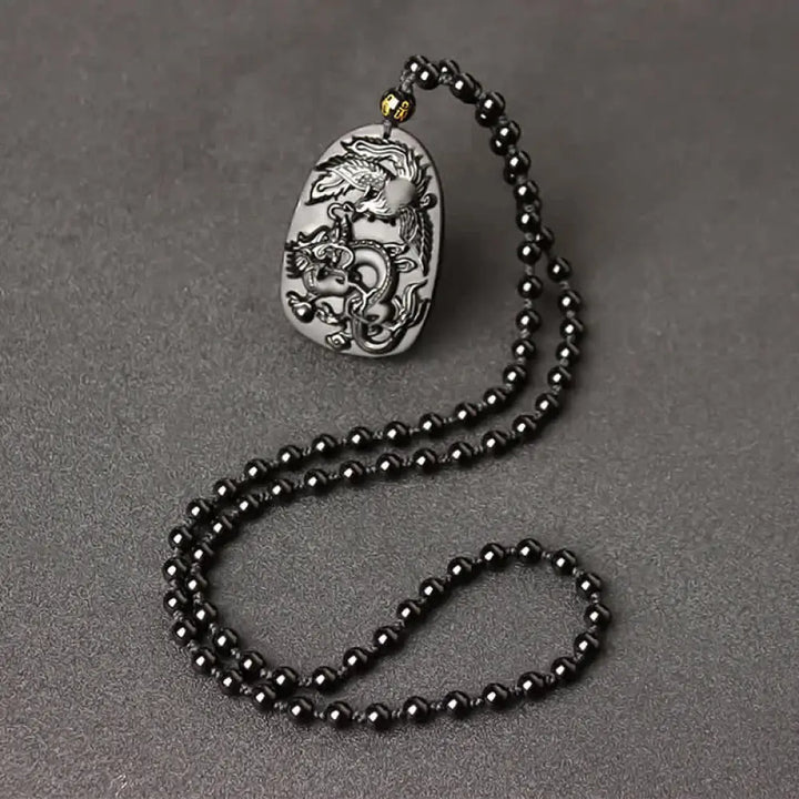 Buddha Stones Black Obsidian Tiger Eye Dragon Phoenix Protection Beaded Necklace Pendant - BWOOOH - Obsidian Bead Chain