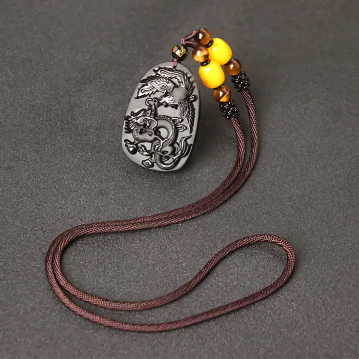 Buddha Stones Black Obsidian Tiger Eye Dragon Phoenix Protection Beaded Necklace Pendant - BWOOOH - Obsidian&amp;Tiger Eye