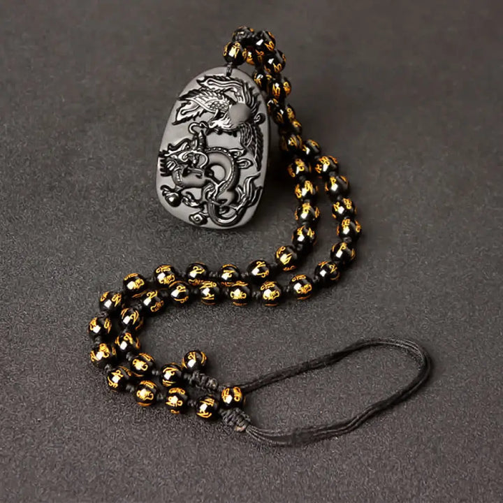 Buddha Stones Black Obsidian Tiger Eye Dragon Phoenix Protection Beaded Necklace Pendant - BWOOOH - Obsidian Gold