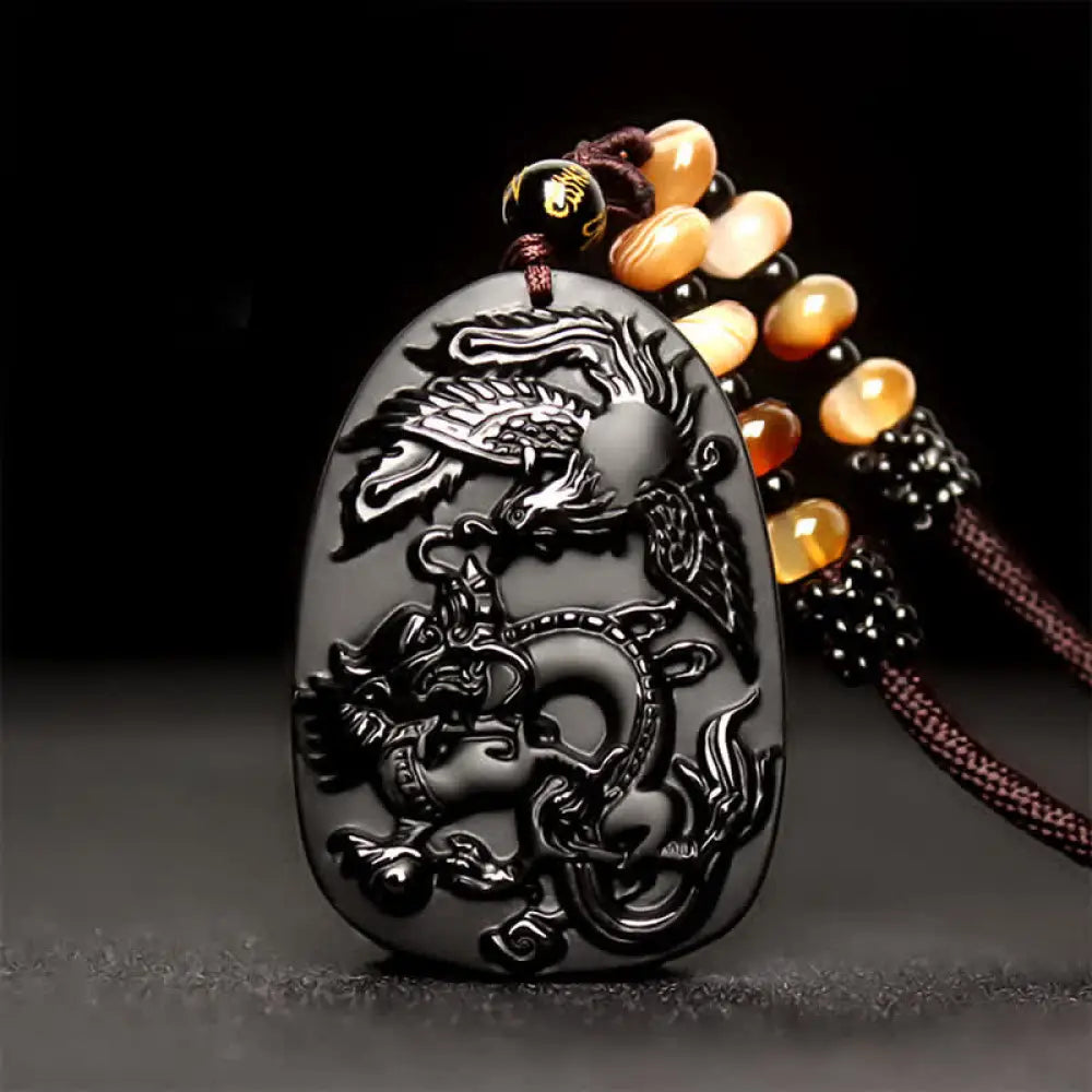 BWOOOH Black Obsidian Tiger Eye Dragon Phoenix Protection Beaded Necklace Pendant — obsidian and tiger eye beads with dragon phoenix