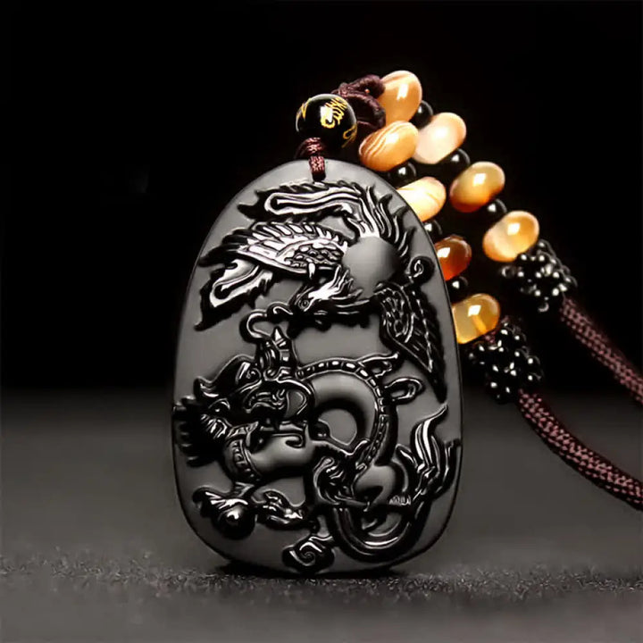 BWOOOH Black Obsidian Tiger Eye Dragon Phoenix Protection Beaded Necklace Pendant — obsidian and tiger eye beads with dragon phoenix