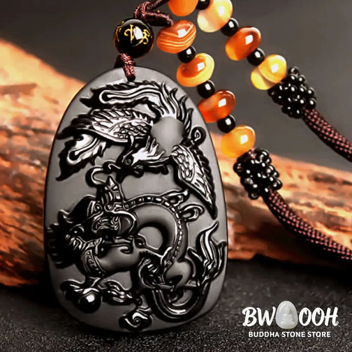 Buddha Stones Black Obsidian Tiger Eye Dragon Phoenix Protection Beaded Necklace Pendant - BWOOOH - Necklaces &amp; Pendants