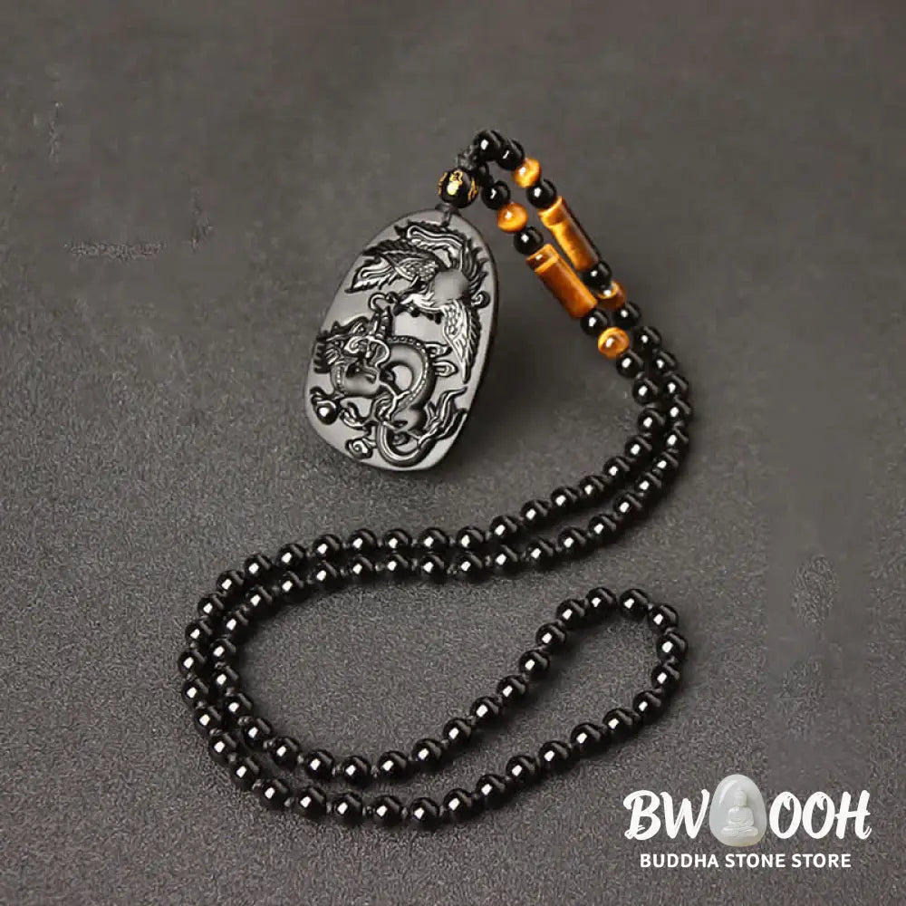 Buddha Stones Black Obsidian Tiger Eye Dragon Phoenix Protection Beaded Necklace Pendant - BWOOOH - Necklaces &amp; Pendants