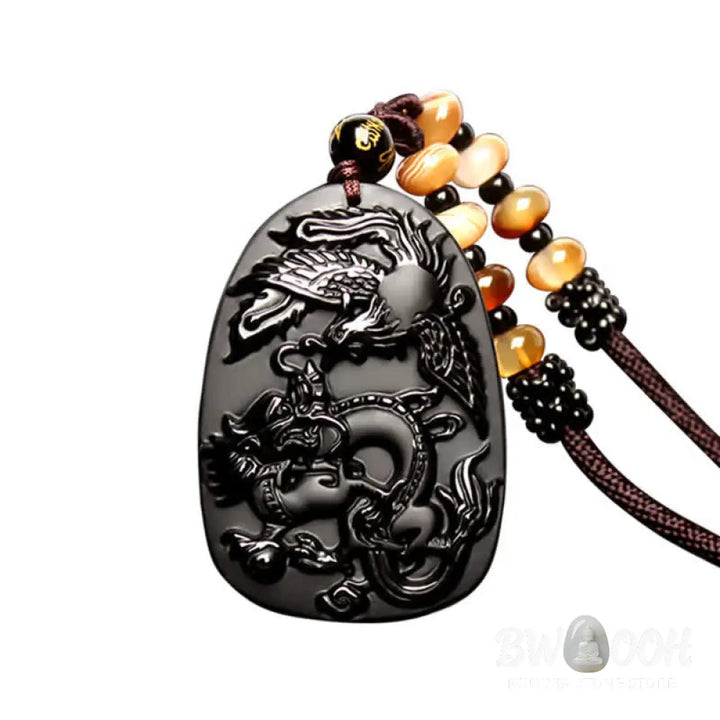 Buddha Stones Black Obsidian Tiger Eye Dragon Phoenix Protection Beaded Necklace Pendant - BWOOOH - Necklaces &amp; Pendants