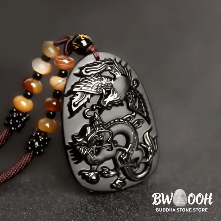 Buddha Stones Black Obsidian Tiger Eye Dragon Phoenix Protection Beaded Necklace Pendant - BWOOOH - Necklaces &amp; Pendants