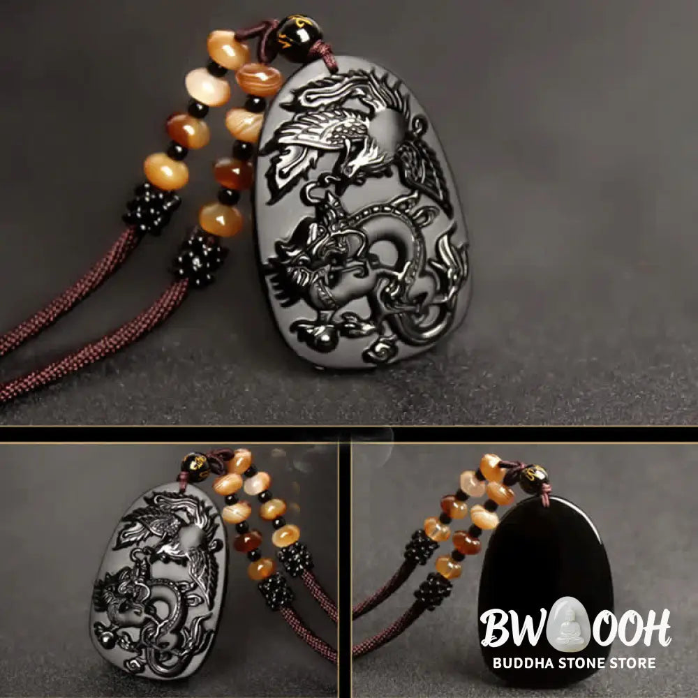 Buddha Stones Black Obsidian Tiger Eye Dragon Phoenix Protection Beaded Necklace Pendant - BWOOOH - Necklaces &amp; Pendants
