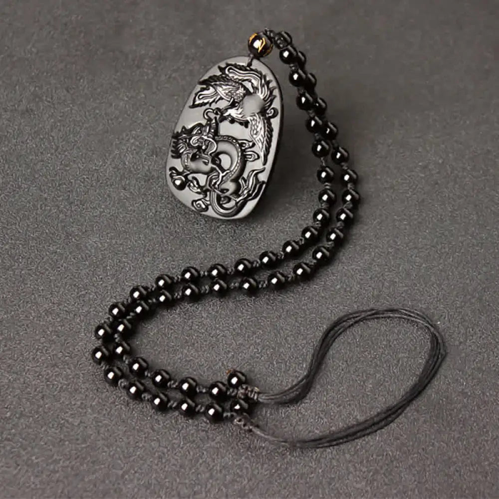 Buddha Stones Black Obsidian Tiger Eye Dragon Phoenix Protection Beaded Necklace Pendant - BWOOOH - Obsidian